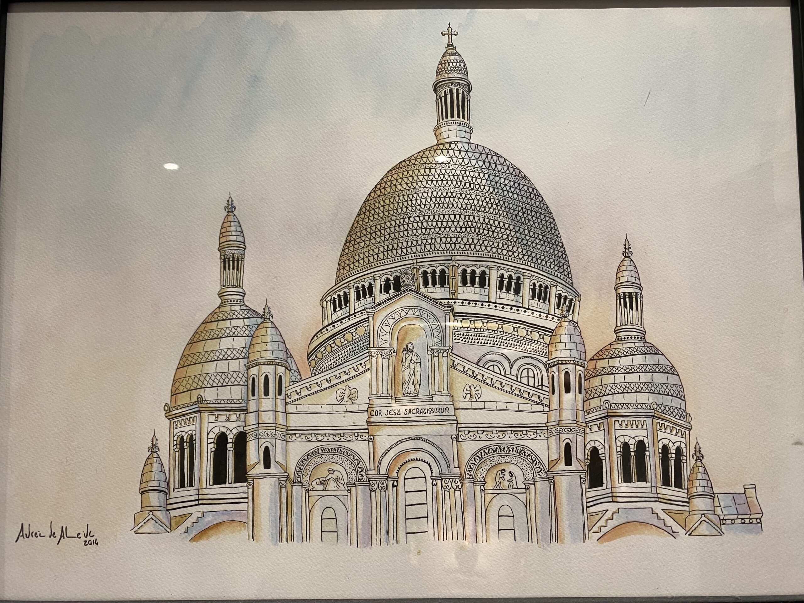 Line drawing with watercolours, of the Sacre Coeur in Paris. Drawing from an original photo.